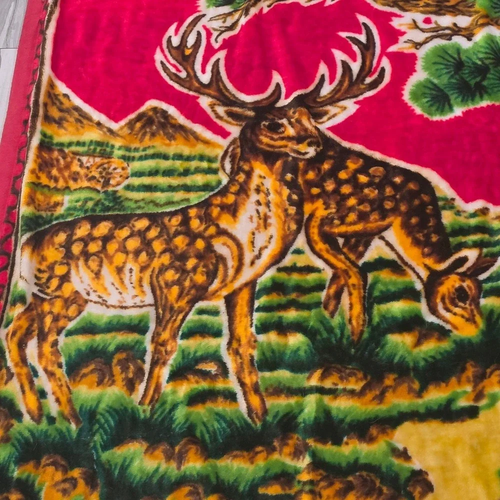 Vintage Choioka Korean Mink Blanket Reversible Deer Crane Floral Red Heavy Plush